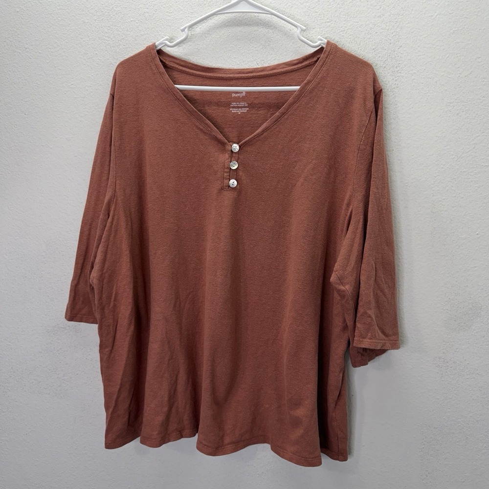 Pure J Jill Hemp Cotton Henley Top Size 2XL V Neck 3/4 Sleeves Terracotta Basic